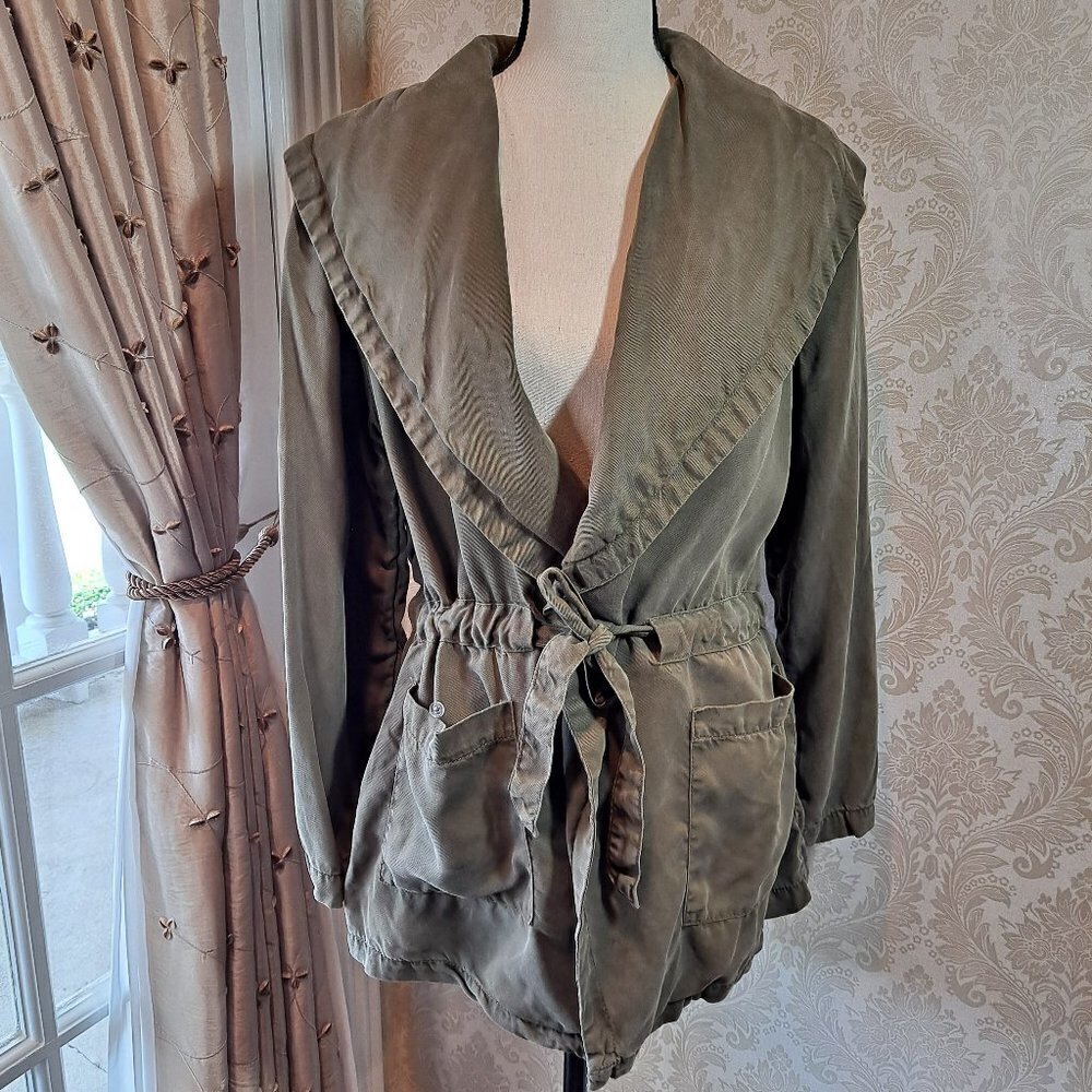 Nanette Lepore Size Large Olive Green Utility Jacket Tie Waist Pockets EUC